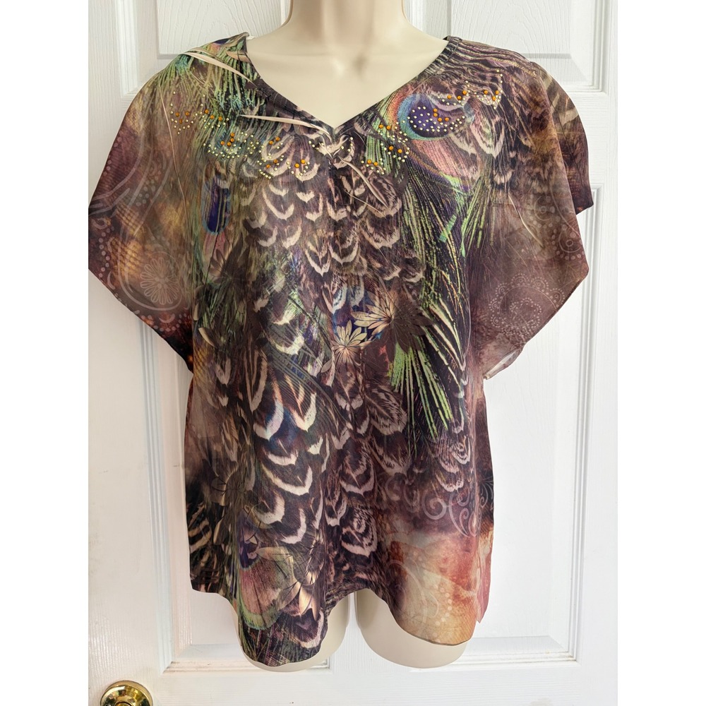 Style & Co. Petite Peacock Feather Print Rhinestone V-Neck Blouse PL Brown 9310N